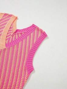 Plus Size Colorblock Knit Vest, Hollow Striped Design, Loose Fit Cropped Silhouette, Versatile Sleeveless Top For Spring & Summer Vacation - Multicolor - View 7