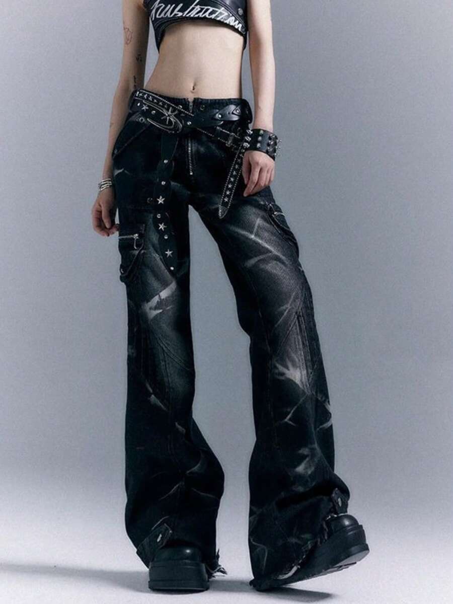 Punk Heavy Industries Low Waist Micro Pants Washed Denim Trousers - Black and Gray - View 1