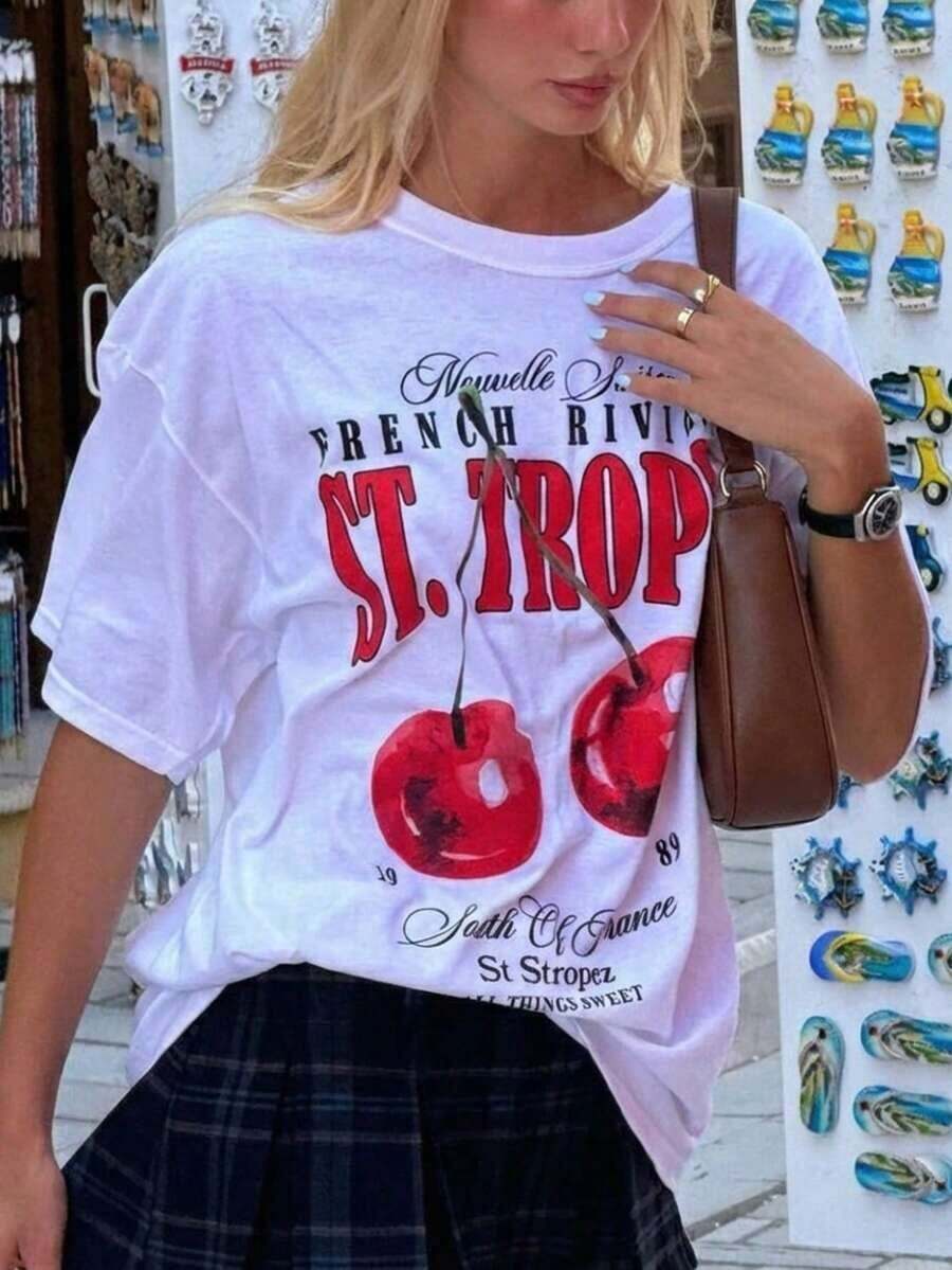 Camiseta Oversize Transpirable para Mujer con Estampado Gráfico de Cerezas Estilo Y2K Estética Riviera Francesa, Estilo Vintage Retro de los 90, Streetwear Casual de Corte Holgado con Hombros Caídos y Cuello Redondo, Top Gráfico de Moda Veraniega Estilo Preppy, Camiseta Cómoda y Transpirable para Uso Diario en Vacaciones, Playa, Conciertos, Festivales de Música, Clubes, Fiestas, Regreso a Clases, Estilo Urbano, Salidas Casuales, Moda Casual para Adolescentes y Mujeres Jóvenes, ropa de calor mujer - Blanco - Ver 1