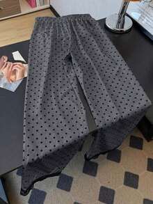 Pantalones rectos sueltos con cintura elástica, estampado de lunares y parches de encaje, adecuados para uso diario.Pantalones de lunares, pantalones con ribete de encaje, pantalones blanco y negro, pantalones de lunares blanco y negro para mujer - Gris - Ver 2
