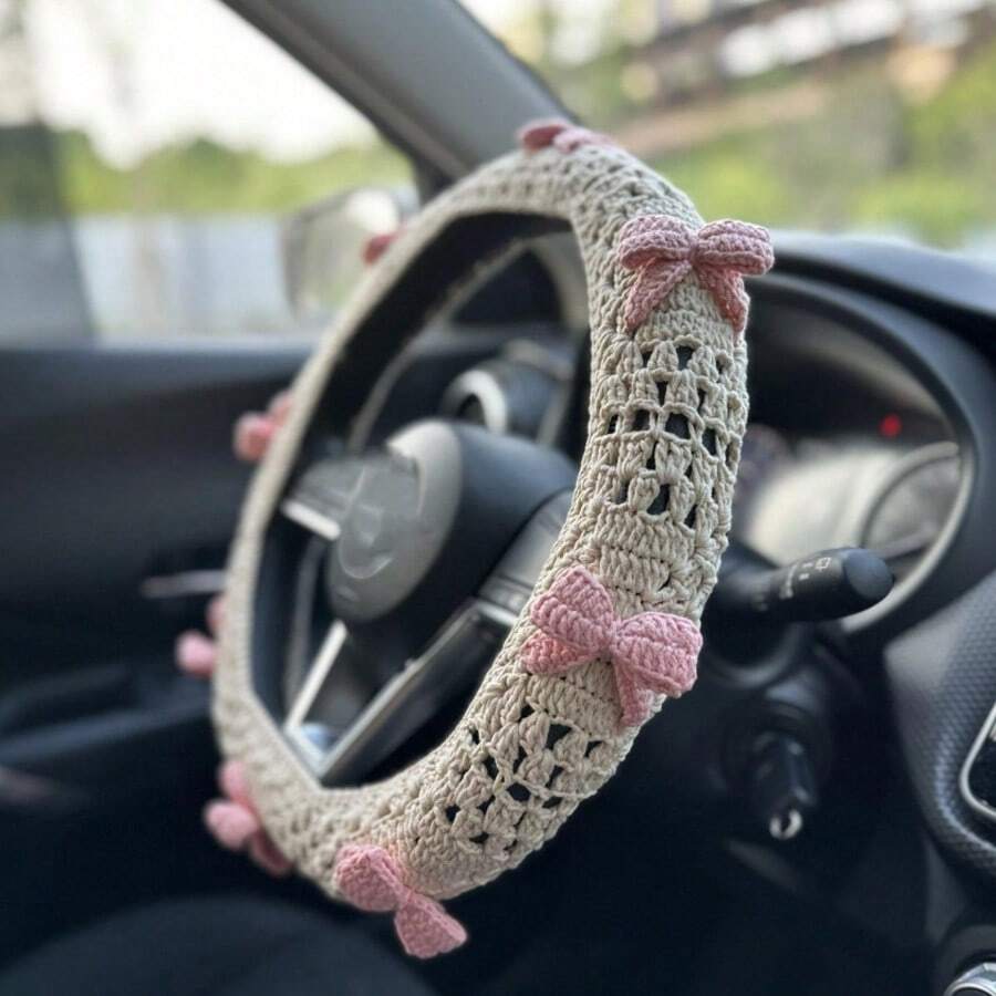 Handmade Crochet Steering Wheel Cute Car Seat Belt Cover Woven Sunflower Grandmother Plaid Pattern Female Car Decoration Additions - 白色 - 查看 1