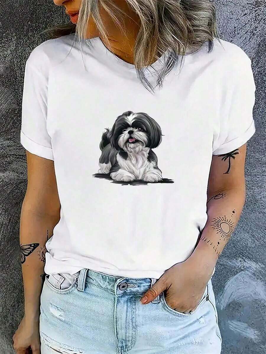 [Camiseta Deportiva] Camiseta Casual de Cuello Redondo para Mujer con Estampado de Perro Shih Tzu, Mezcla de Poliéster con Elasticidad Media, Tejido de Punto, Camiseta de Manga Corta para Todas las Temporadas. Camiseta Relajada de Talla Grande. - Blanco - Ver 1