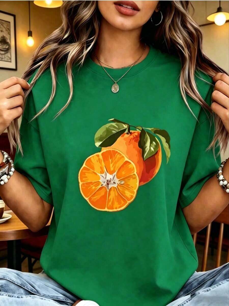 1 pieza |   1 Playera para Mujer 100% Algodón Transpirable | Camiseta Casual de Manga Corta Rosa Brillante para Mujeres - Top de Cuello Redondo de Poliéster Suave con Estampado Geométrico de Rodajas y Hojas de Naranja Vibrante, Lavable a Máquina para Atuendo Casual de Primavera Verano, Camiseta con Estampado de Frutas, Tela para Todas las Estaciones, - Ideal para el Verano100%cotton - Verde - Ver 1