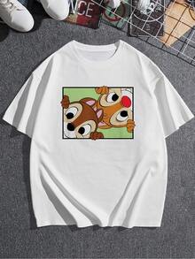 Dos adorables personajes animados asomándose curiosamente desde un fondo verde expresan alegría amistad y energía positiva camiseta de mujer casual cómoda de manga corta  ideal para uso diario - Blanco - Ver 3