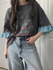 Camiseta de manga corta para mujer con ajuste holgado, estampado de letras, parches de encaje, de mezcla de algodón transpirable, versátil para primavera/verano - Gris 5 - Ver 4
