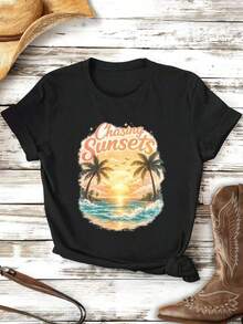 Camiseta de mujer con estampado gráfico de puesta de sol, algodón premium, estilo hip-hop urbano, cómoda, duradera, estampado gráfico único. Blusas Bonito 100% Algodón - Negro - Ver 3