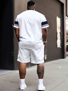 Men's Street Casual Minimalist Series "Color Block Stripes With Soaring Eagle" Pattern Sports Set - Polyester Knit Fabric, Round Neck Design, Drawstring Shorts, Pocket Details, Regular Fit, Suitable For Plus Size - White - View 2