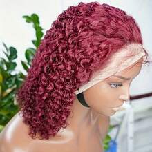 Tóc giả ren phía trước 13x4 kiểu bob ngắn xoăn tít, đã tỉa sẵn 99J, sóng sâu, tóc thật, màu đỏ tía, kiểu bob. - S99J - Xem 2