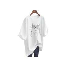 Camiseta sexy informal de manga corta con estampado de gato para mujer, elegante top de punto de largo regular con ligera elasticidad, perfecto para fiestas o para el día a día. - Blanco - Ver 1