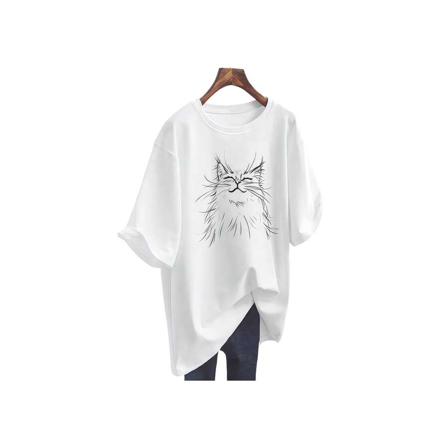 Camiseta sexy informal de manga corta con estampado de gato para mujer, elegante top de punto de largo regular con ligera elasticidad, perfecto para fiestas o para el día a día. - Blanco - Ver 1