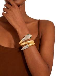 1pc Sexy Rhinestone Inlaid Fashionable Luxury Animal Snake & Leopard Spring Bangle Bracelet For Women, Suitable For Party, Gathering, Outing, Dating, Attending Events, Music Festivals, Bars, Photo Shoots, Gift For Friends And Family - Gold - View 2