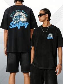 Double-Sided Printed T-Shirt, Casual Black Washed Effect T-Shirt, Surf Design With Blue Ocean Waves And Aquatic Art, Japanese Vintage Ukiyo-E Style, Beach Theme, For Summer Beach Vacation, Surfing Sports, Loose Fit Urban Style. - 黑色 - 查看 3