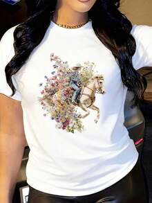 Women's Denim Floral Print T-Shirt - Casual Short Sleeve, Crew Neck, Stretch Blend, White With Vibrant Wildflower And Horse Design, Perfect For Spring And Summer - 白色 - 查看 6