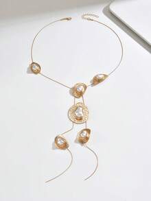 1pc Women's Luxury Hammered Gold-Plated Faux Baroque Pearl Y-Shaped Necklace, Multi-Layer Asymmetrical Metal Frame Design, Elegant For Commute, Party, Evening Wear, Deep V Neckline Collarbone Chain Pendant Necklace - Golden Yellow+White - View 2