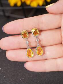 1 Pair Luxurious Cubic Zirconia Earrings, Designed For Women, Suitable For Weddings, Engagements, Anniversary Parties, Valentine's Day Gifts - Yellow - View 3