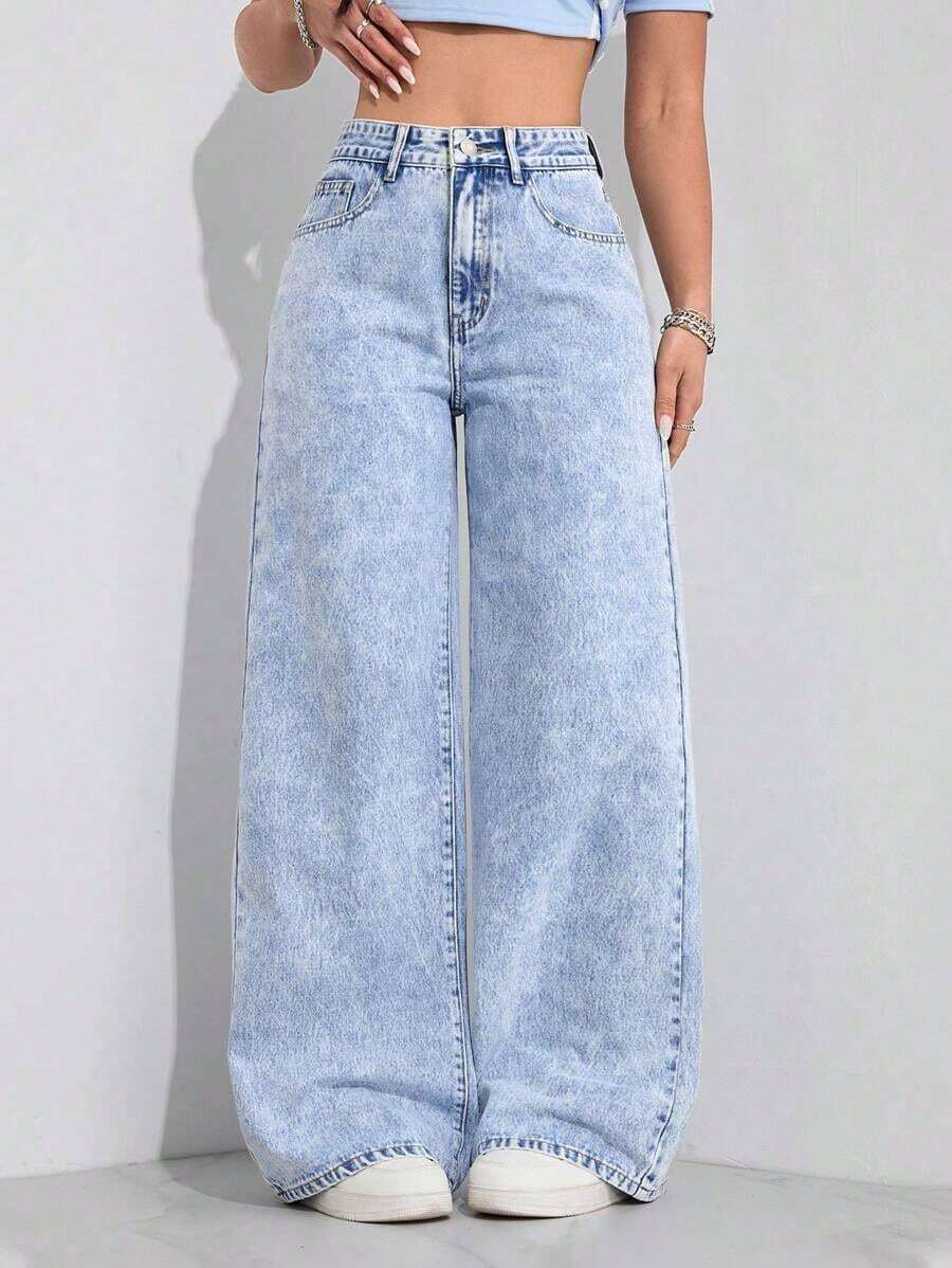 Unity Jeans de mezclilla lisos y casuales para mujer - Lavado ligero - Ver 1