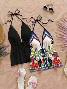 2 piezas Camiseta sin espalda con escote en V y tirantes con estampado de leopardo sexy, adecuada para vacaciones, citas, té de la tarde, vacaciones, festivales de música, estilo bohemio - Multicolor 6 - Ver 7