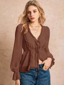 Blusa de manga larga con volantes, lazo delantero y bajo con volantes, unicolor, para primavera/verano - Marrón - Ver 1
