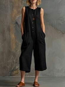 New Spring-Summer Jumpsuit For Women, Retro Casual Style, Sleeveless, White, Linen And Cotton, 3/4 Wide Leg, Flattering Design, Perfect For Daytime Looks, Walks And Holidays - 黑色 - 查看 6
