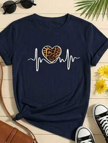 Camiseta Feminina de Algodão, Estampa Batimento Coração Onça - Blusinha T-Shirt para Mulher - Azul Marinho - Visão 2