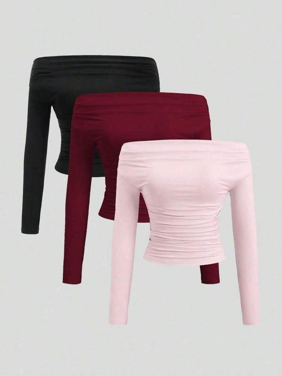 Conjunto de 3 piezas para mujer: Blusa de manga larga hombros descubiertos, blusas cortas entalladas, cómodas y amigables con la piel, versátil y estilizador - Multicolor 6 - Ver 1