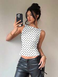 Blusa sin mangas con cuello redondo y lazo en la espalda, para uso casual y de oficina, en color negro con lunares rosas y marrones - Blanco 5 - Ver 2