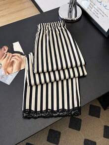 Pantalones rectos sueltos con cintura elástica, estampado de lunares y parches de encaje, adecuados para uso diario.Pantalones de lunares, pantalones con ribete de encaje, pantalones blanco y negro, pantalones de lunares blanco y negro para mujer - Multicolor - Ver 3