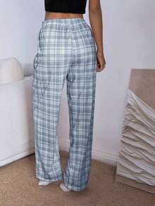 Pantalones de estar por casa rectos de cintura elástica con estampado de cuadros para mujer, para invierno - Azul - Ver 2
