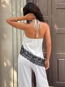 Camiseta de tirantes finos y sin mangas casual y sexy para mujer, camisola de satén con bajo asimétrico de malla, adecuada para citas nocturnas, vacaciones, despedidas de soltero y fiestas de cumpleaños en verano - Blanco - Ver 2