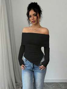 Camiseta elegante de mujer con hombros descubiertos, solapa ancha, dobladillo con cordón y ajuste delgado, para primavera y otoño - Negro - Ver 7
