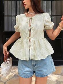 Camisa de mujer de cuello redondo de manga corta, camisa con estampado de cebra con lazo y manga abullonada, blusa de verano de cuello en V con volantes y manga abullonada de corte regular y ajuste casual para uso diario, blusa casual de estampado de animal de manga corta para primavera/verano - Albaricoque - Ver 6