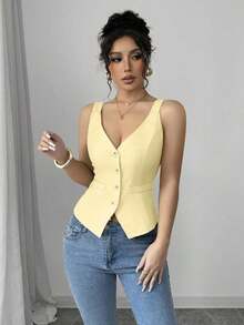 Camiseta sin mangas de un solo pecho de unicolor casual para mujer - Amarillo - Ver 3