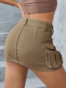 Minifalda de tela vaquera de tiro bajo, de moda para el verano - Caqui 2 - Ver 2