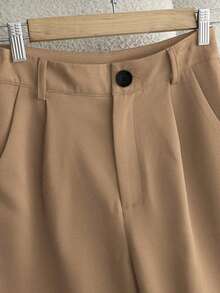 Pantalones casuales de mujer de unicolor con bolsillo oblicuo y pliegues - Marrón Mocha - Ver 3