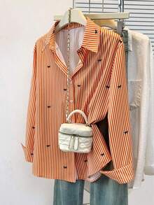 Camisa de manga larga con estampado a rayas y lazo, con botones delanteros, cuello de camisa, top casual, adecuado para primavera, otoño e invierno en color rosa - Naranja - Ver 2