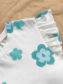 Camiseta casual de mujer con cuello redondo, mangas de volantes y estampado floral, blusas florales para mujer, blusas con mangas de volantes, para salir, blusas de manga corta lindas - Azul - Ver 5