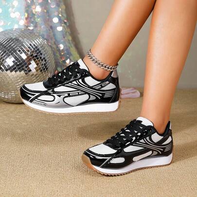 Black & White Striped Design Sneakers, Soft Sole Non-Slip Durable, Suitable For Work, Shopping, Running, Daily Wear