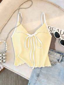 Top de tirantes con lazo y ribete de lechuga en contraste, elegante y ajustado, top para salir para mujeres, apto para el estilo del milenio - Amarillo - Ver 1