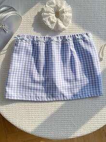 Falda corta de verano informal para mujer con cintura baja de unicolor - Azul 2 - Ver 2