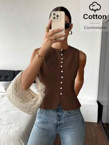 Camisas sin mangas de unicolor de tela texturizada con abotonadura, para verano - Marrón - Ver 7
