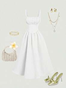 Vestido elegante de longitud media sin mangas con diseño de cintura plisada y unicolor para mujer - Blanco - Ver 5