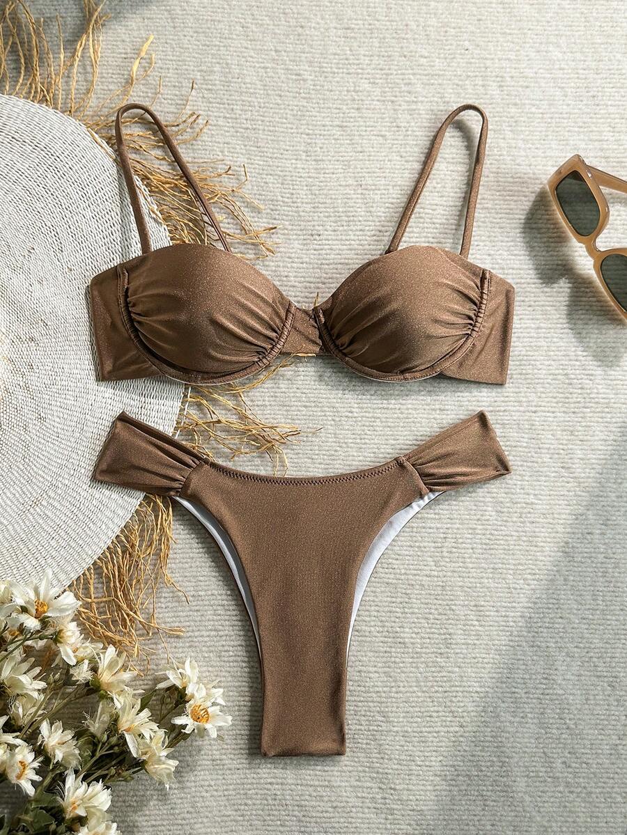 Model Bikini Warna Polos Gaya Eropa dan Amerika Terbaru, Pakaian Renang Pantai untuk Liburan Musim Panas - Unta - View 1