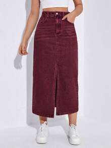 Falda vaquera larga con abertura de moda casual para mujer - Burdeos - Ver 3
