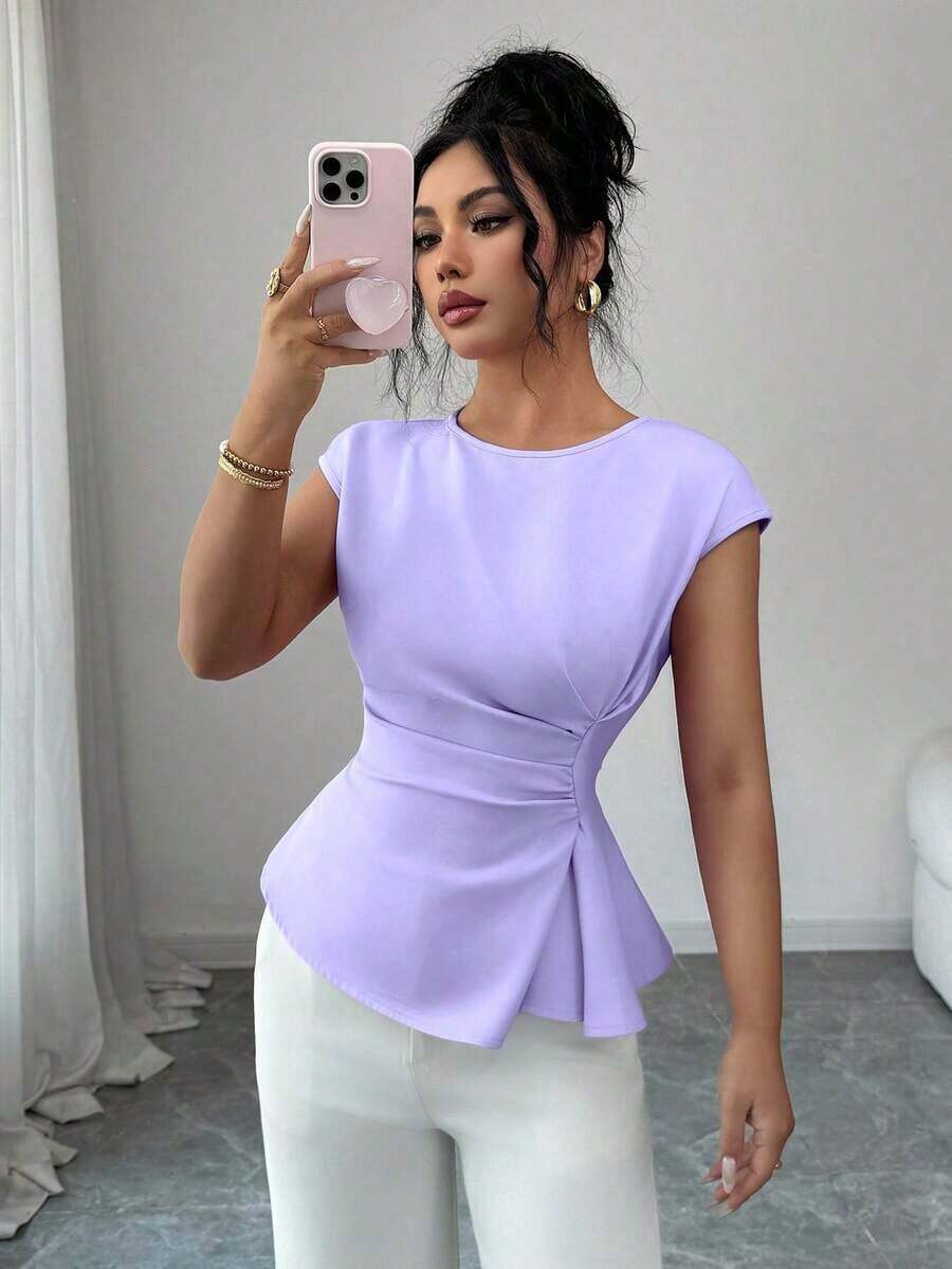 Conjunto de primavera para mujer para exteriores, adecuado para Año Nuevo, Día de San Valentín, Pascua, Día de la Madre, fiesta de Oriente Medio, boda, elegante vacación romántica francesa, lugar de trabajo, blusa sin mangas con cintura ceñida y v - Púrpura malva - Ver 1