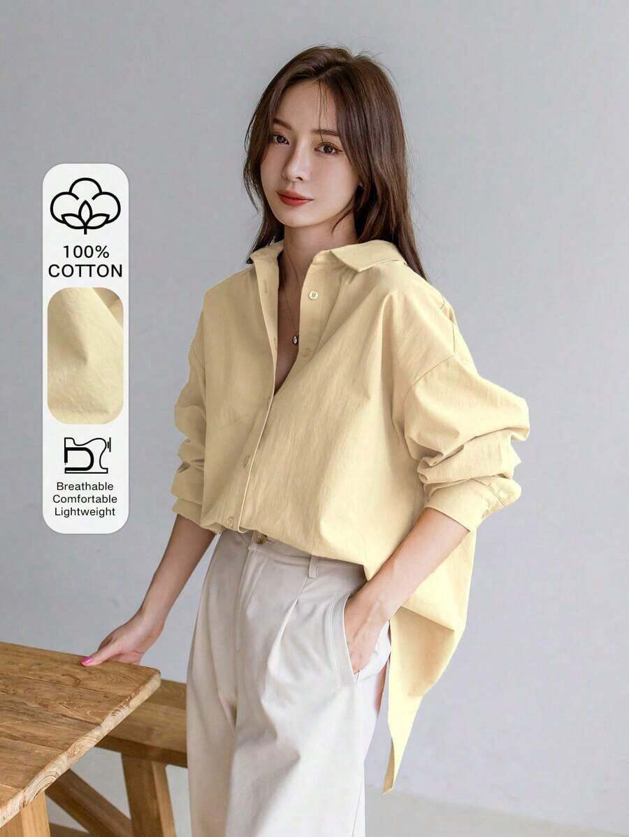 -Less Camisa de mujer de manga larga de un solo pecho, de unicolor, de hombros caídos, para uso casual y de negocios - Amarillo - Ver 1