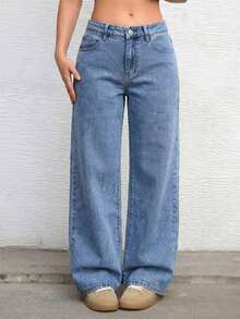 ICON Solid Color Wide Leg Pocket Jeans, Casual And Versatile - 輕柔的洗滌 - 查看 1