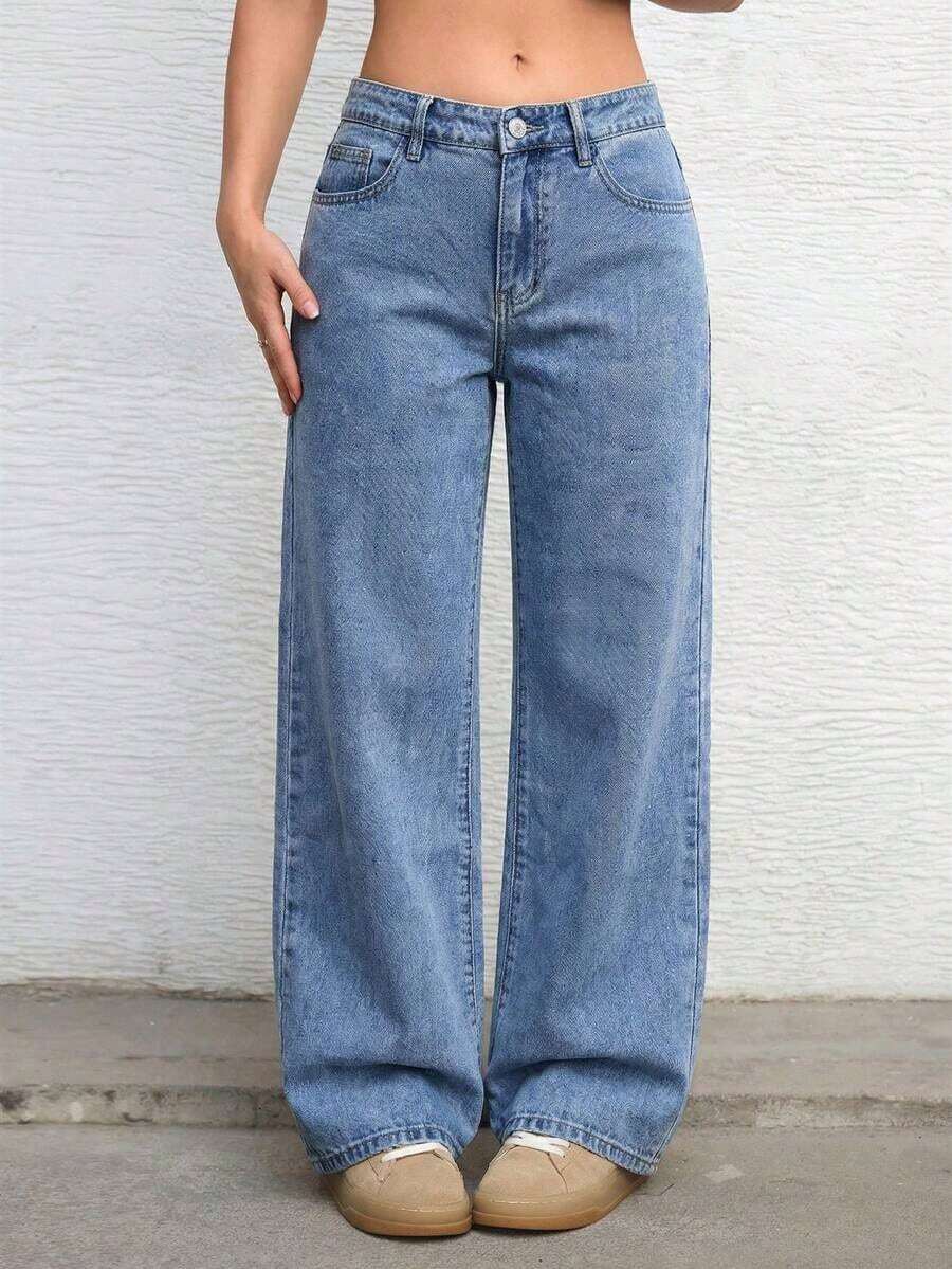 ICON Solid Color Wide Leg Pocket Jeans, Casual And Versatile - 輕柔的洗滌 - 查看 1