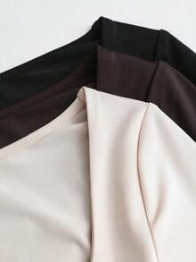 Sweetro Set de 3 bodys de manga larga para mujer en color albaricoque, marrón café y negro, de ajuste ceñido y estilo minimalista y versátil para el día a día - Multicolor 5 - Ver 7