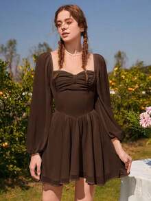 MOD Vestido escote corazón de manga farol pecho con fruncido - Marrón Chocolate - Ver 3