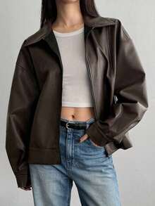 de cuero casual suelta con cremallera en la solapa, chaqueta exterior de manga larga - Marrón 2 - Ver 1